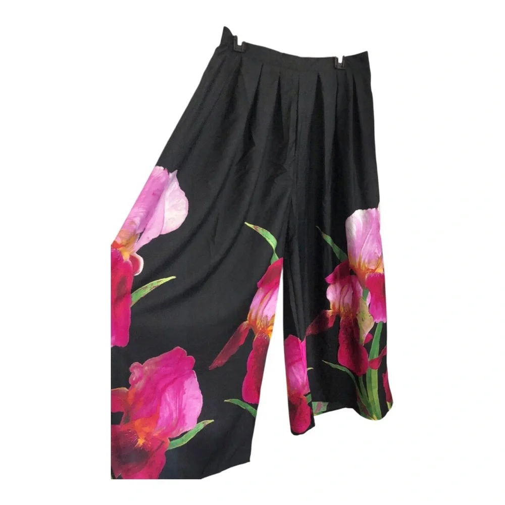 Black pink hibiscus floral tropical print hem wide leg flowy pants size XL new - Picture 11 of 17